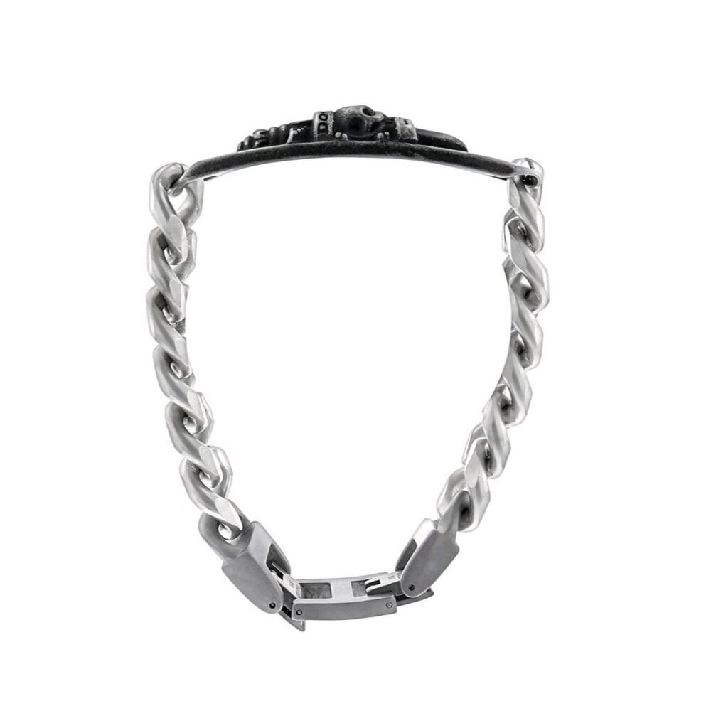 ED HARDY MEN'S STAINLESS STEEL SILVER TONE ANTIQUE "DO OR DIE" SKULL BRACELET - Picture 2 of 8